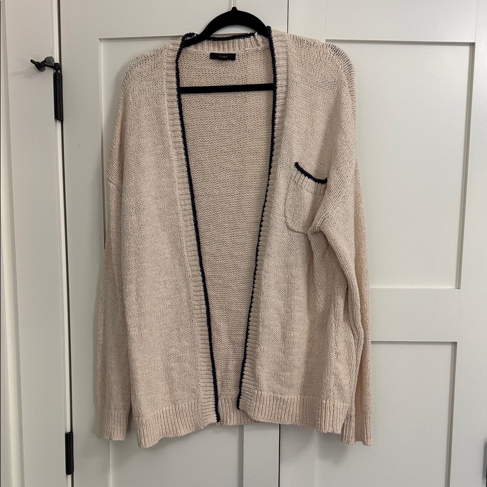 J. Crew Cream Open-Front Cardigan with Navy Trim